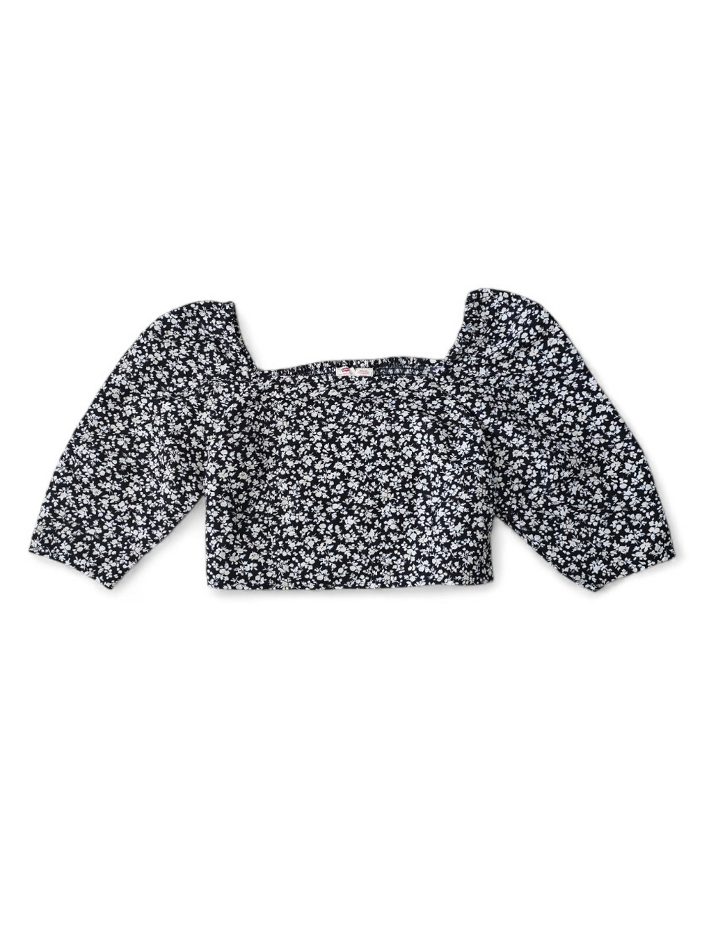 Levi’s Smocked Floral Puff Sleeve Crop Top Black White Cottagecore Blouse XL NWT - Picture 3 of 7